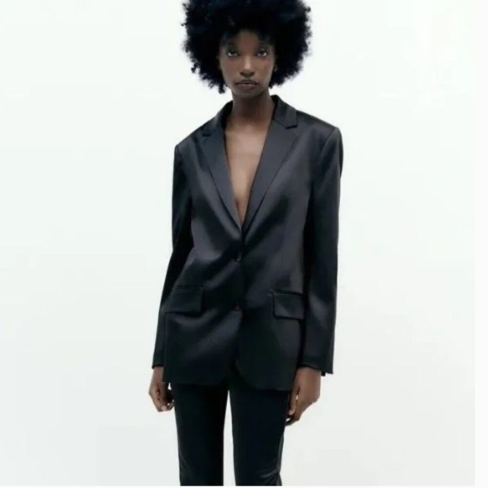 Zara Women's Black Satin Effect Oversized Blazer Jacket, NWT, XS